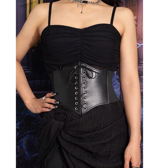 Black Corset Lace Up Wide Belt Leather Elastic - Picture 4 of 10